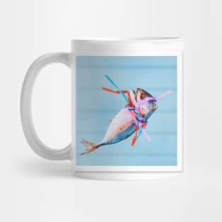 Dead fish strangled by plastic straws, retro colors. Mug